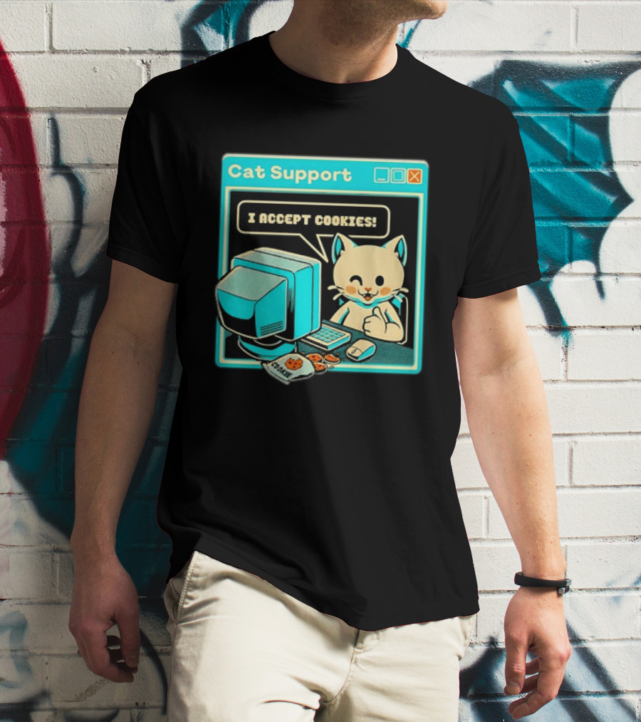 Cat Support I Accept Cookies Computer Cartoon Comic T-Shirt