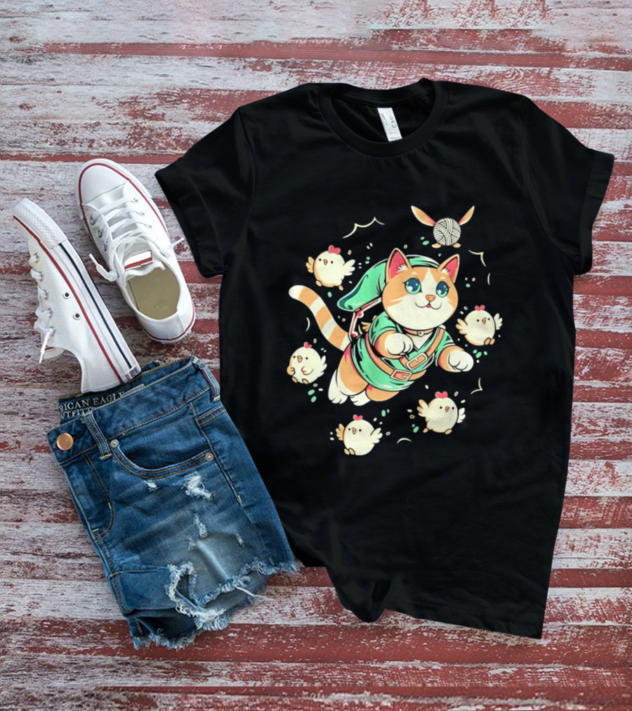 Fantasy Adventurer Cat In Green Tunic With Chickens And Yarn Ball T-Shirt