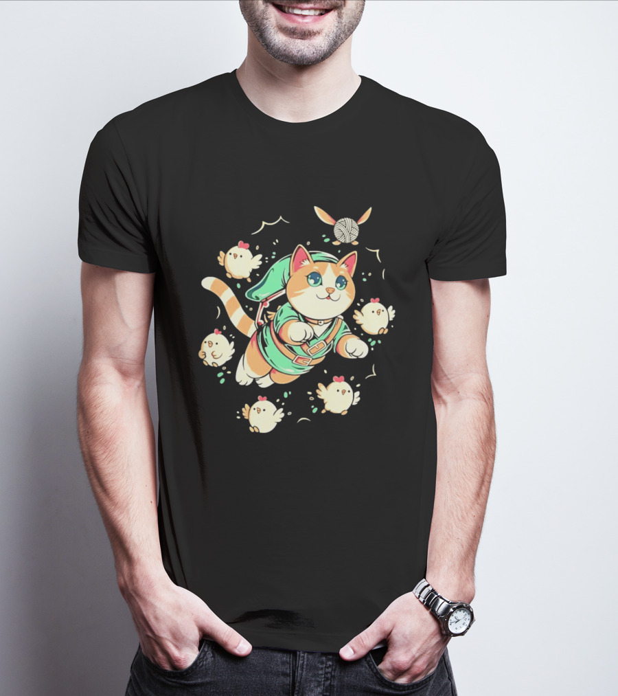 Fantasy Adventurer Cat In Green Tunic With Chickens And Yarn Ball T-Shirt
