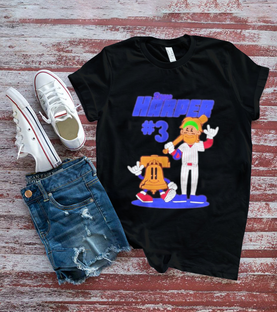 Bryce Harper #3 Philadelphia Phillies Cartoon Player And Liberty Bell T-Shirt