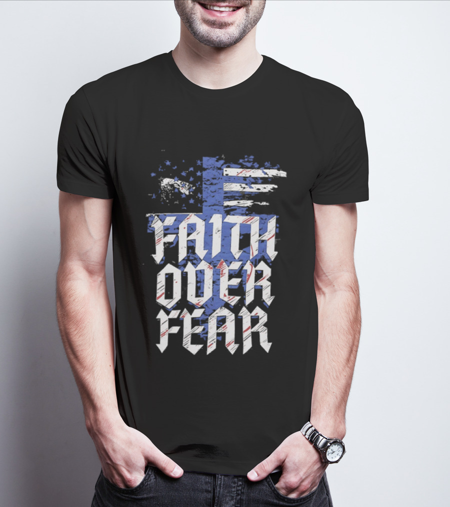 Faith Over Fear Distressed American Flag Cross T-Shirt