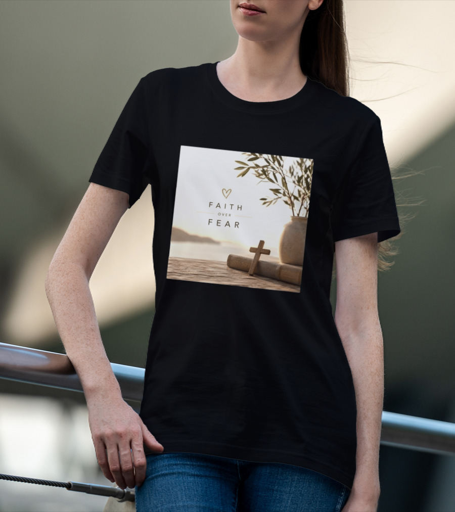 Faith Over Fear Christian Cross Heart With Bible And Olive Branches T-Shirt