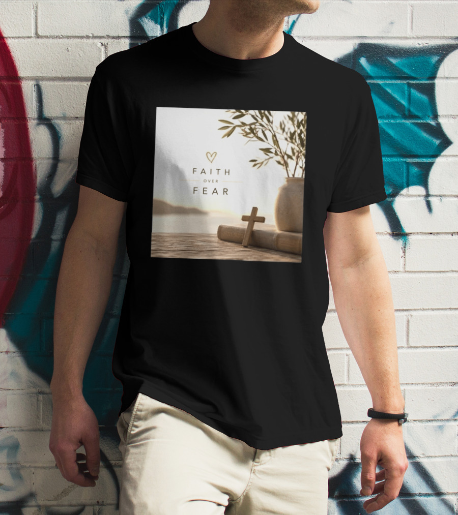Faith Over Fear Christian Cross Heart With Bible And Olive Branches T-Shirt