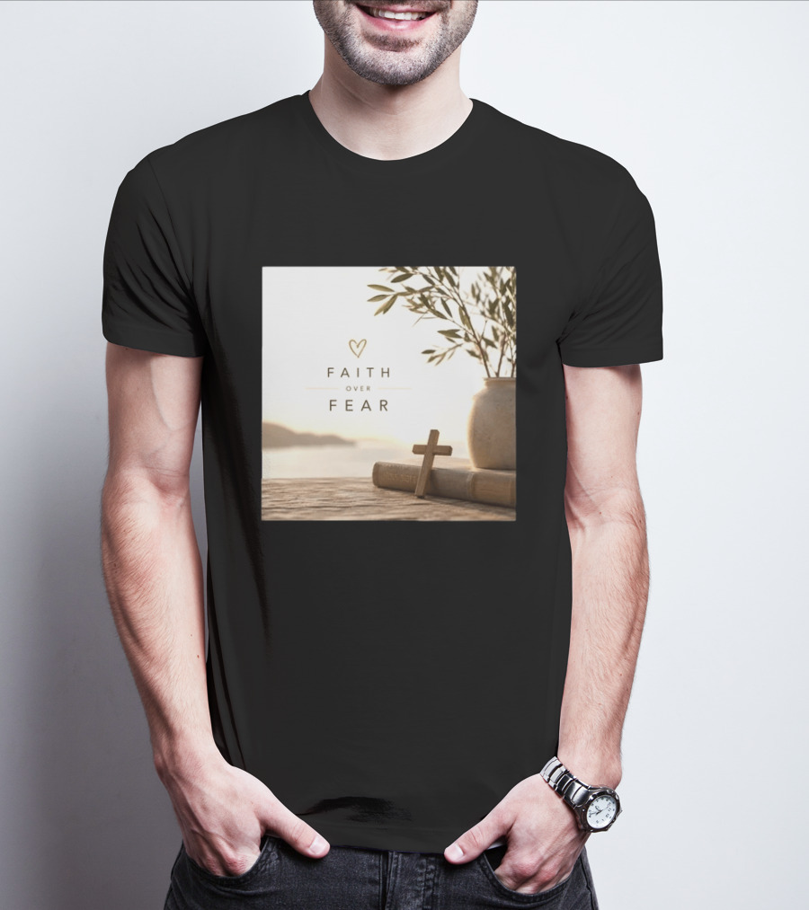Faith Over Fear Christian Cross Heart With Bible And Olive Branches T-Shirt