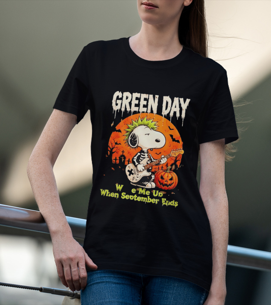 Green Day Snoopy Skeleton Guitar Wake Me Up When September Ends Halloween Pumpkin T-Shirt