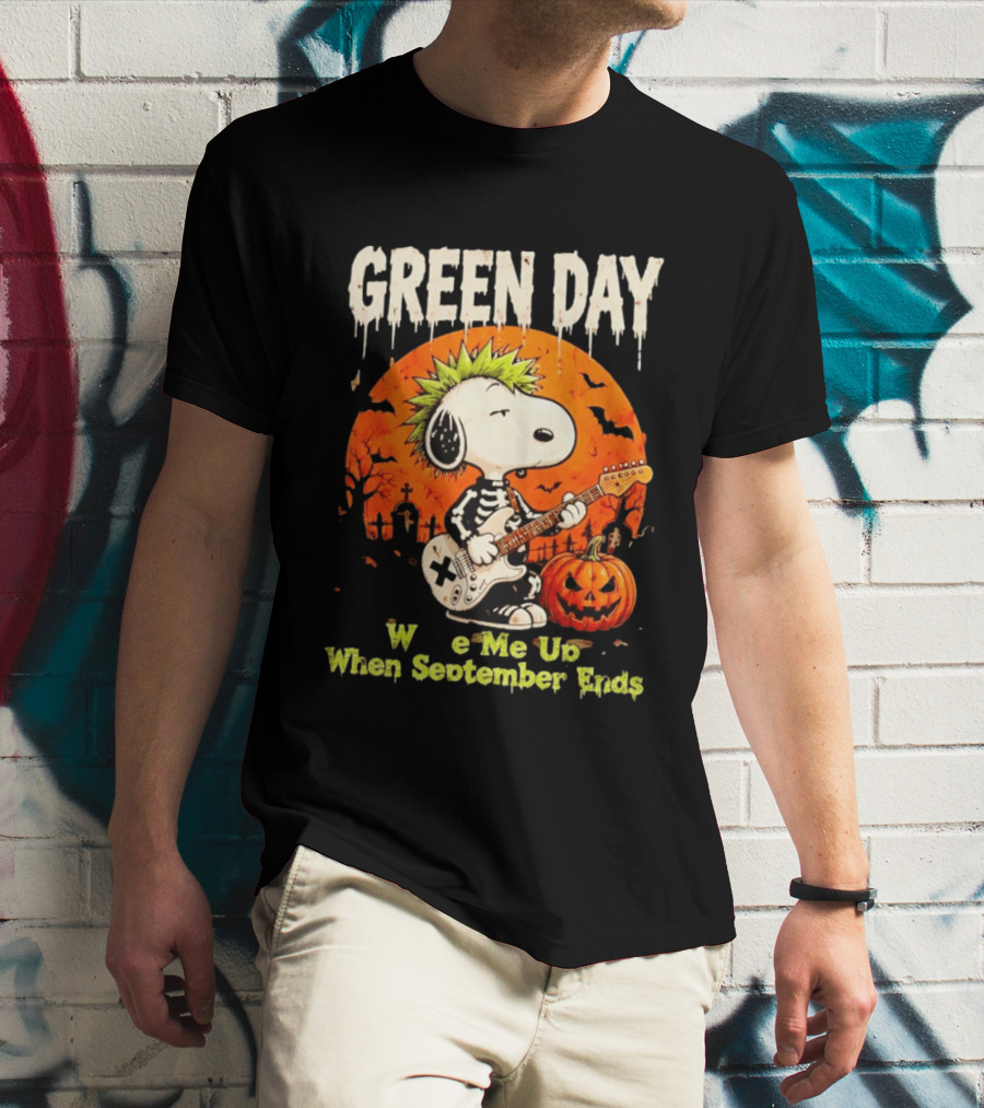 Green Day Snoopy Skeleton Guitar Wake Me Up When September Ends Halloween Pumpkin T-Shirt