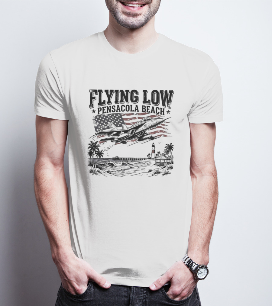 Flying Low Pensacola Beach American Flag Fighter Jet Scenic Beach View T-Shirt