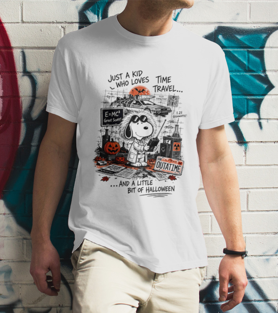 Snoopy Just A Kid Who Loves Time Travel Halloween Pumpkin Scene T-Shirt