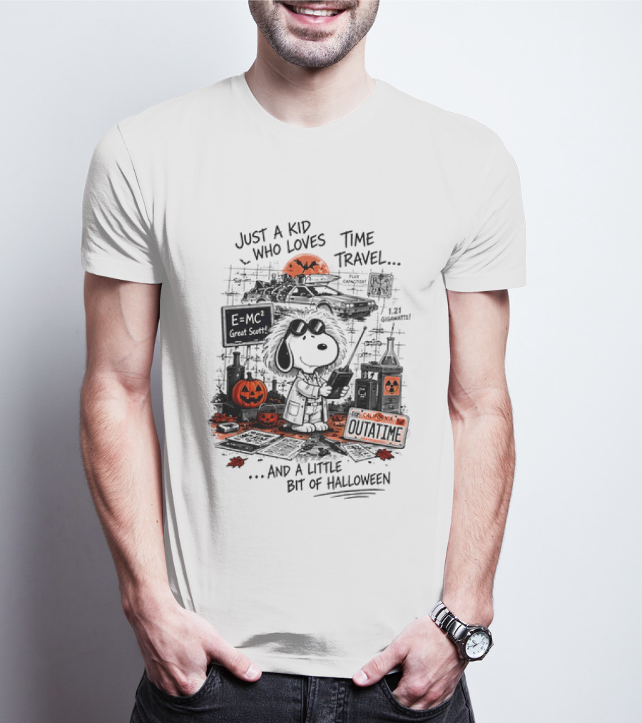Snoopy Just A Kid Who Loves Time Travel Halloween Pumpkin Scene T-Shirt
