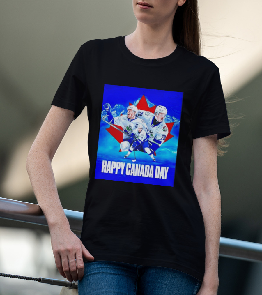 Abbotsford Canucks Happy Canada Day Celebration Collage With Hockey Players And Maple Leaf T-Shirt