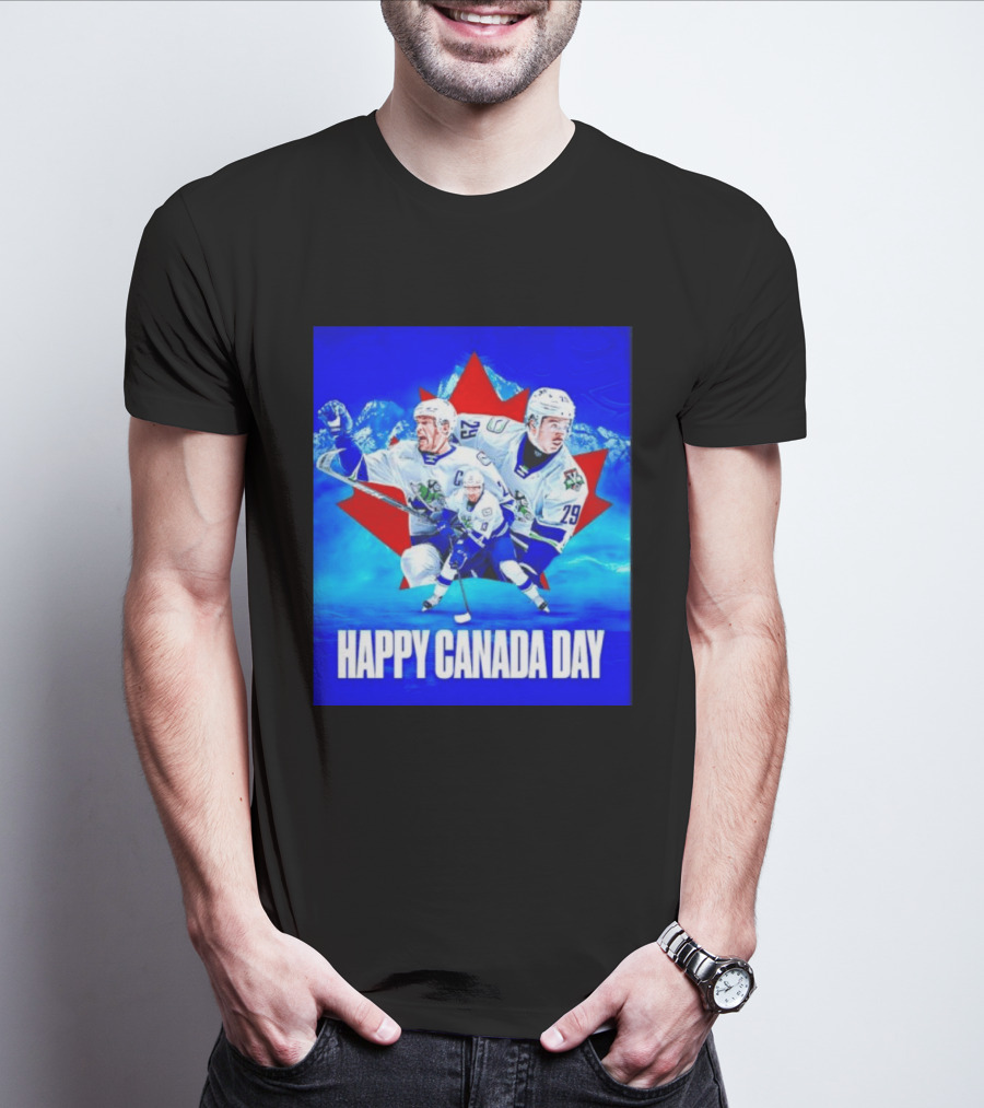 Abbotsford Canucks Happy Canada Day Celebration Collage With Hockey Players And Maple Leaf T-Shirt