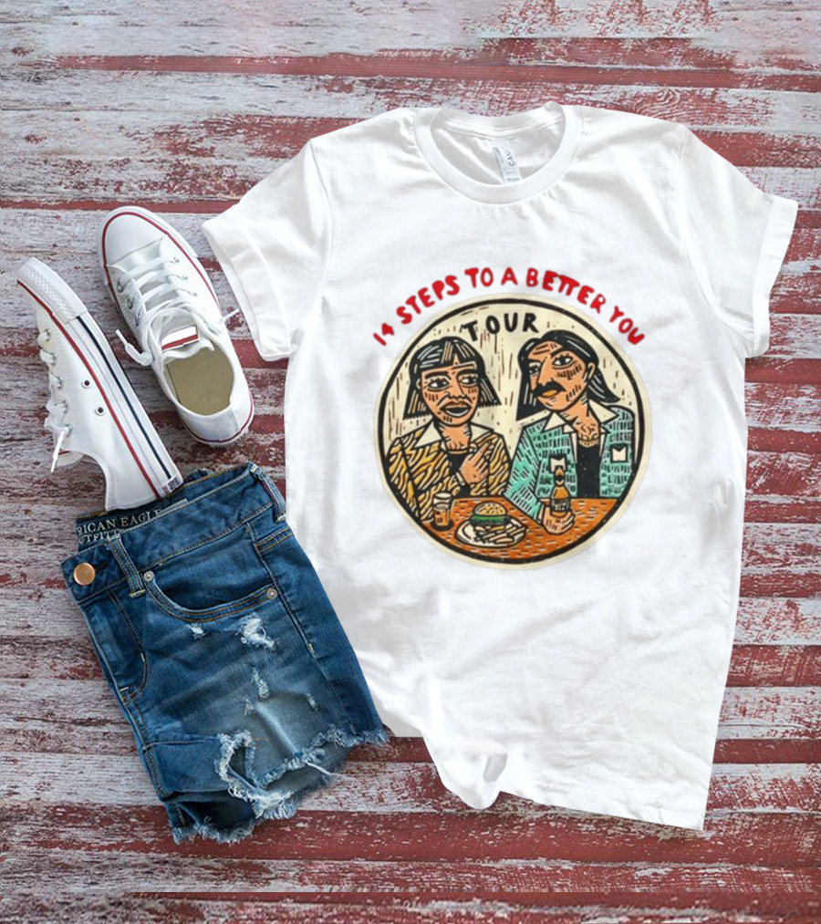 14 Steps To A Better You Tour Oval Illustration With Two Seated Individuals T-Shirt