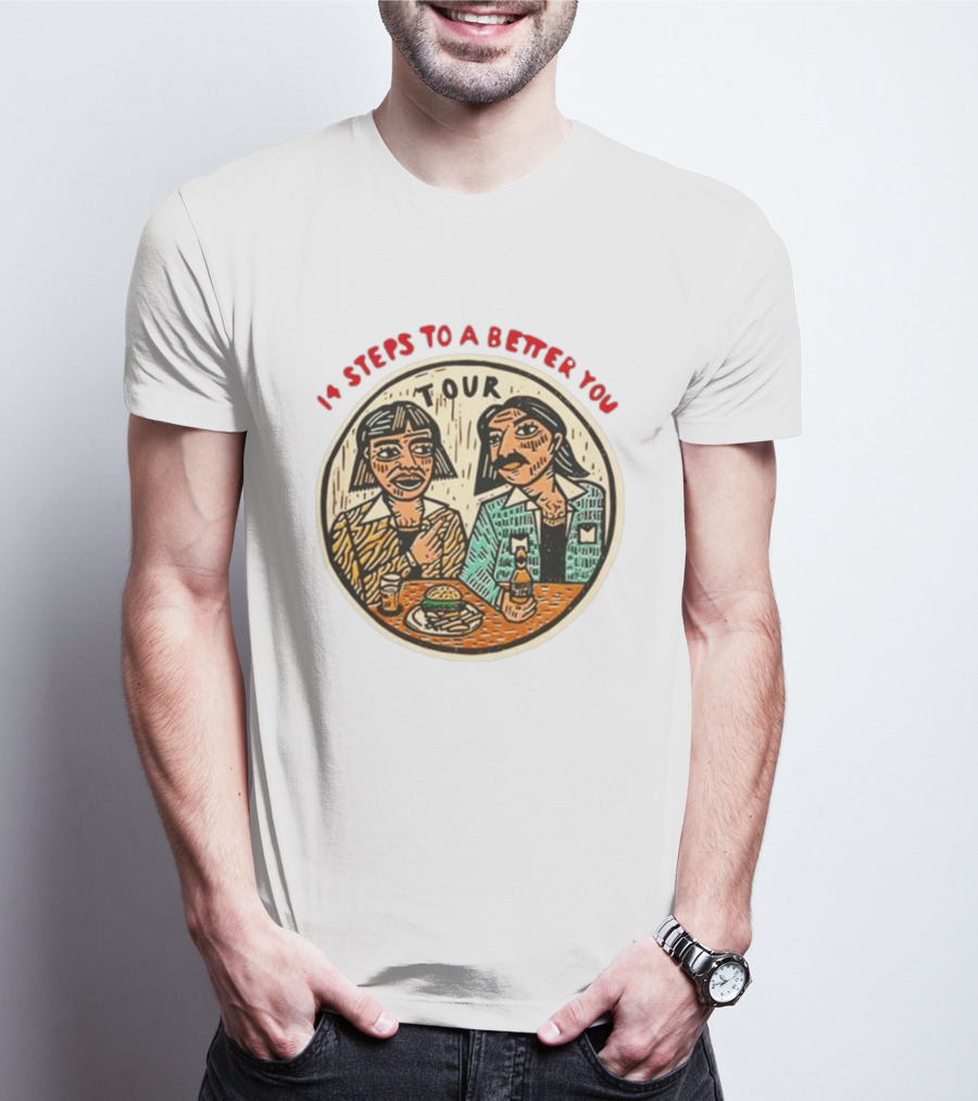 14 Steps To A Better You Tour Oval Illustration With Two Seated Individuals T-Shirt