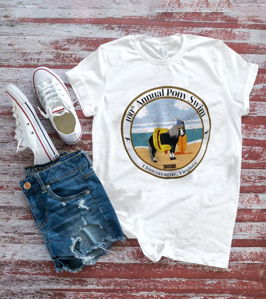 100th Annual Pony Swim Chincoteague Virginia 2025 Beach Scene With Pony And Surfboard T-Shirt