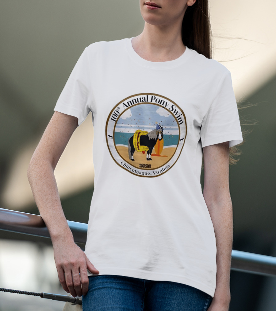 100th Annual Pony Swim Chincoteague Virginia 2025 Beach Scene With Pony And Surfboard T-Shirt