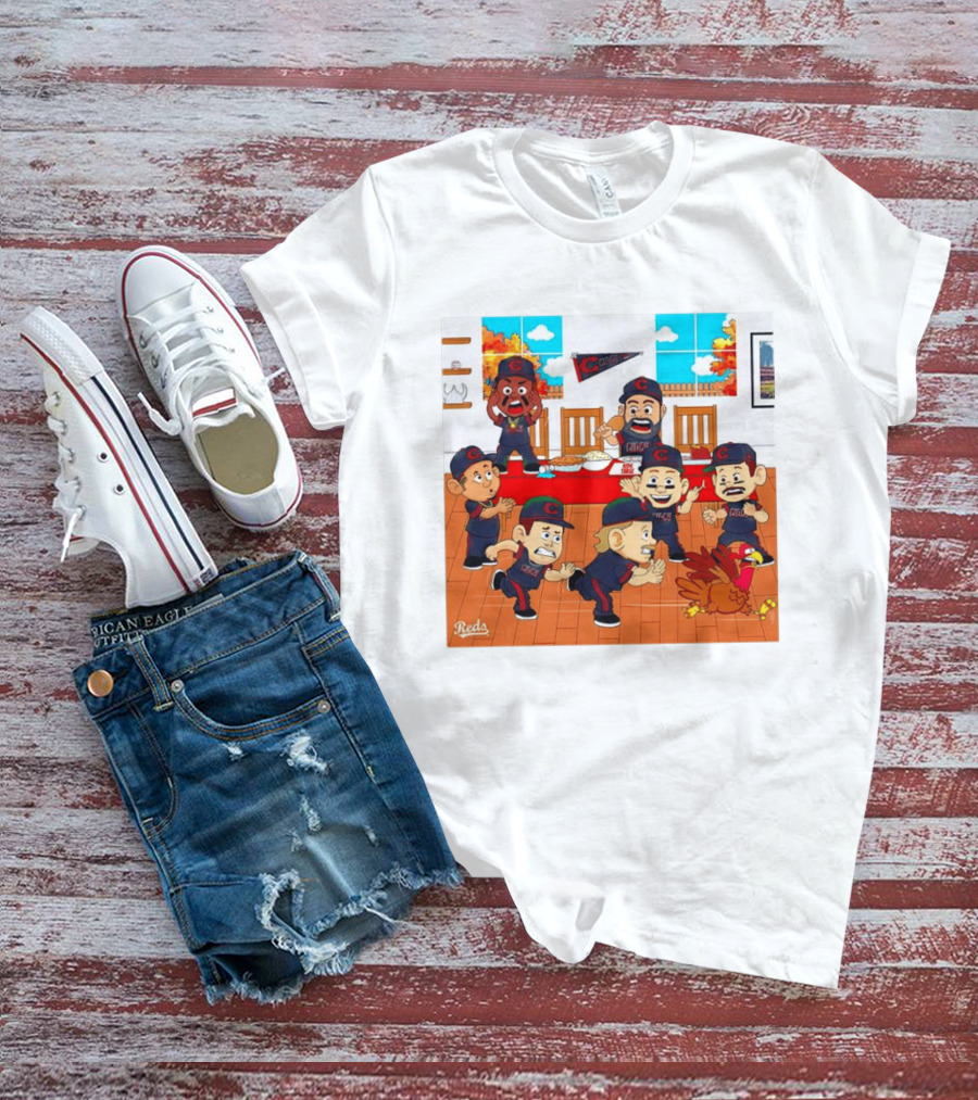Cincinnati Reds Thanksgiving Chaos Cartoon Scene With Characters And Turkey T-Shirt