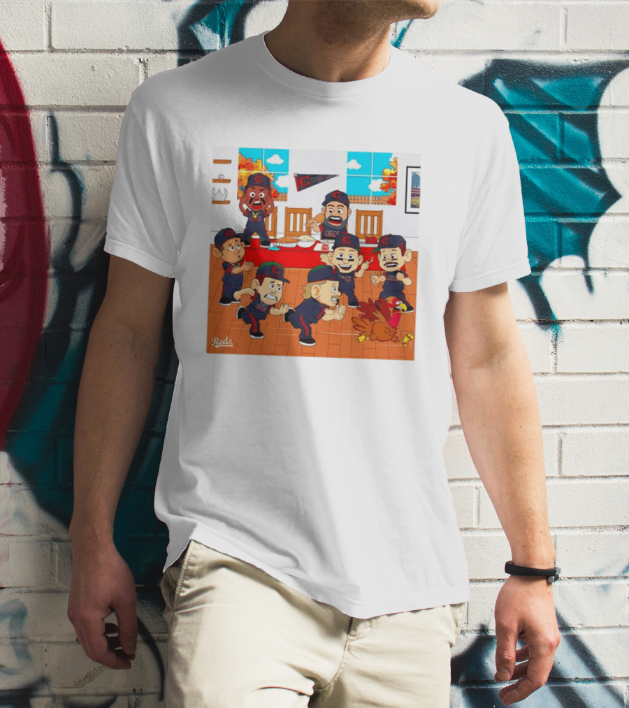 Cincinnati Reds Thanksgiving Chaos Cartoon Scene With Characters And Turkey T-Shirt