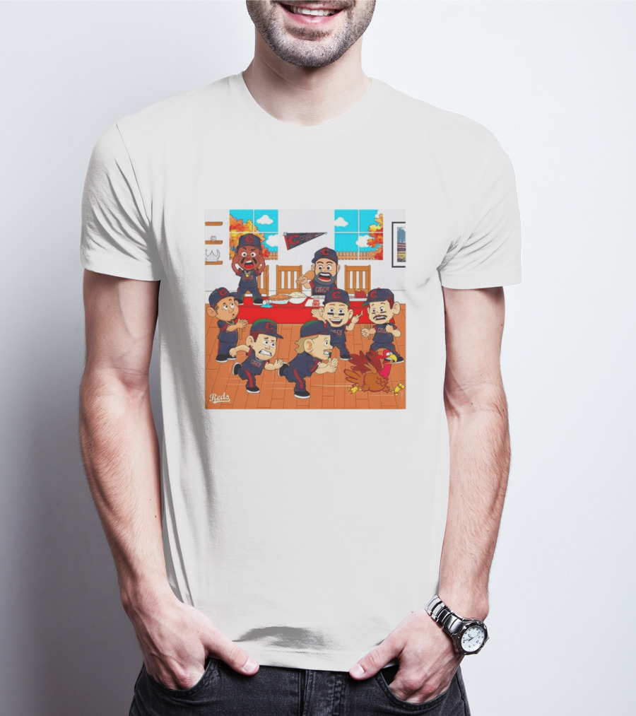Cincinnati Reds Thanksgiving Chaos Cartoon Scene With Characters And Turkey T-Shirt