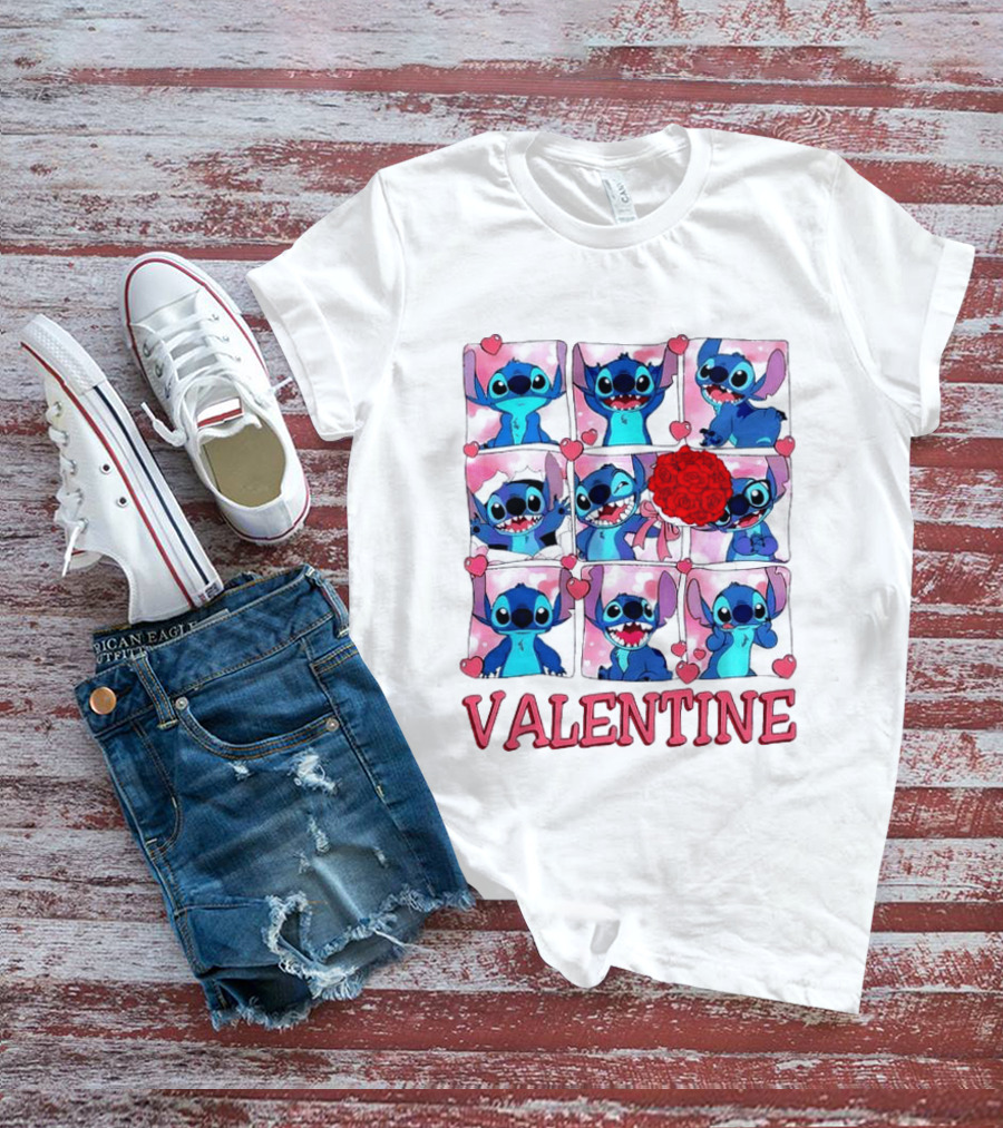 Disney Stitch Rose Flowers Valentine Love Hearts Happy Day T-Shirt