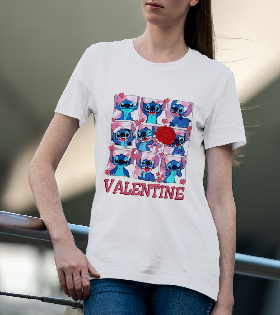 Disney Stitch Rose Flowers Valentine Love Hearts Happy Day T-Shirt
