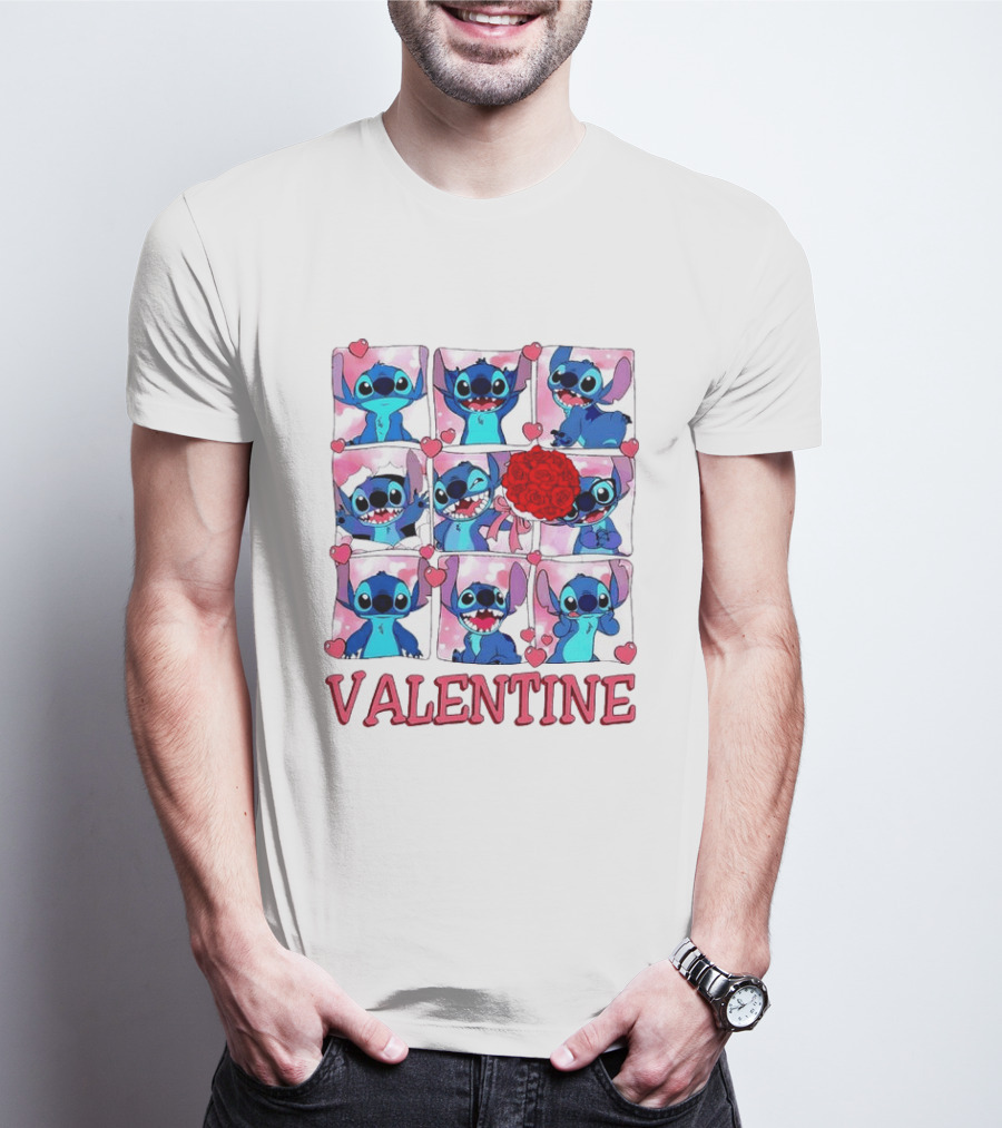 Disney Stitch Rose Flowers Valentine Love Hearts Happy Day T-Shirt