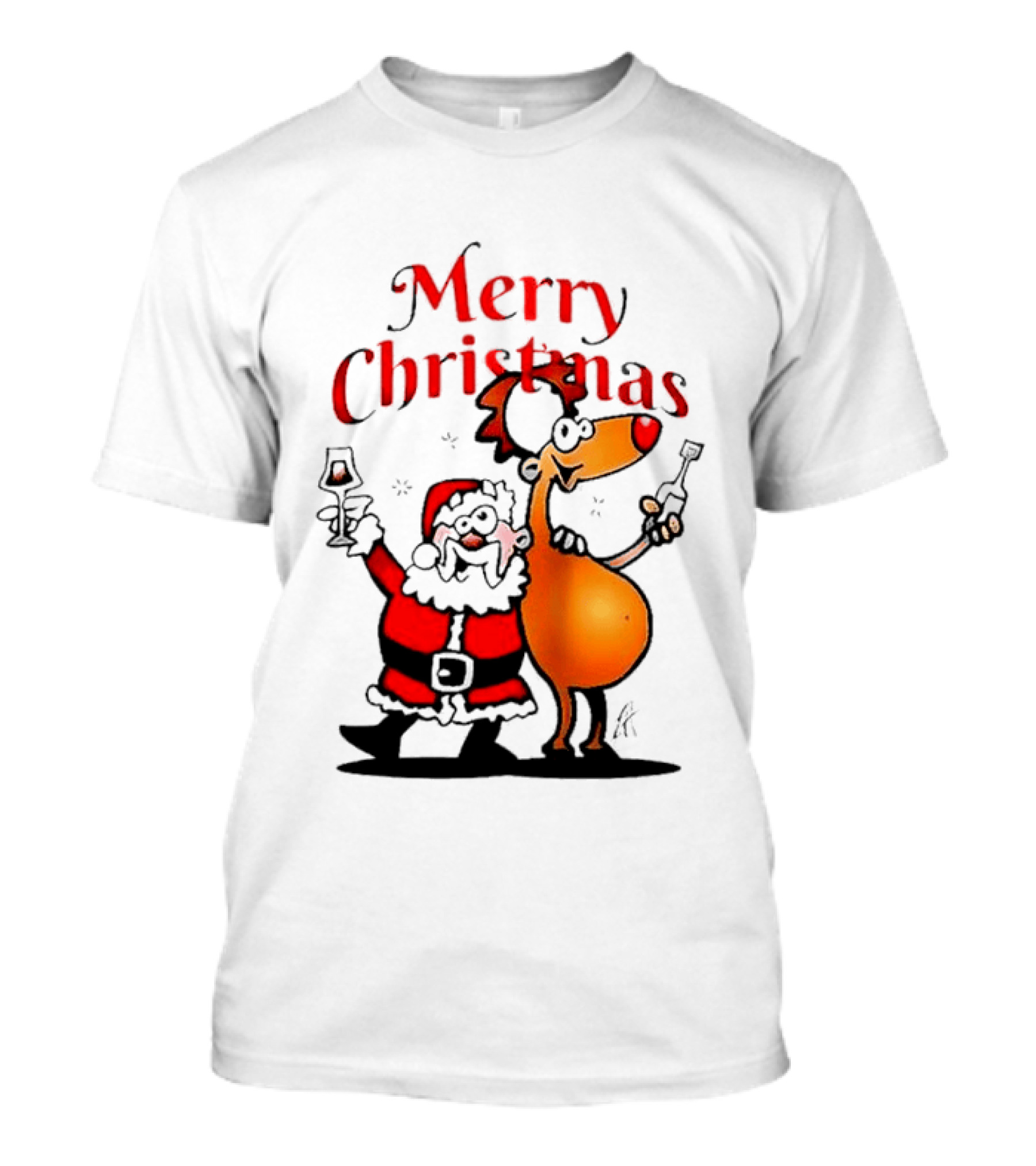 Merry Christmas Santa Claus And Reindeer Toast With Drinks T-Shirt