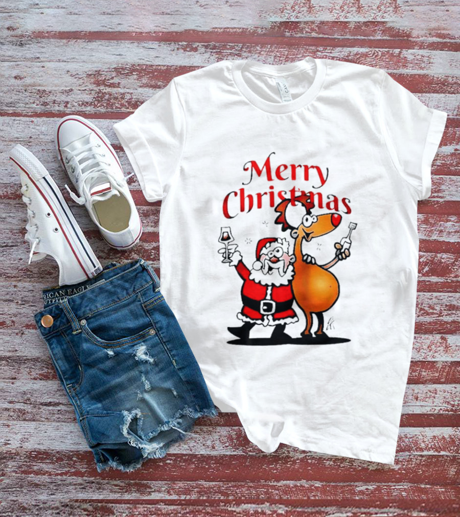 Merry Christmas Santa Claus And Reindeer Toast With Drinks T-Shirt
