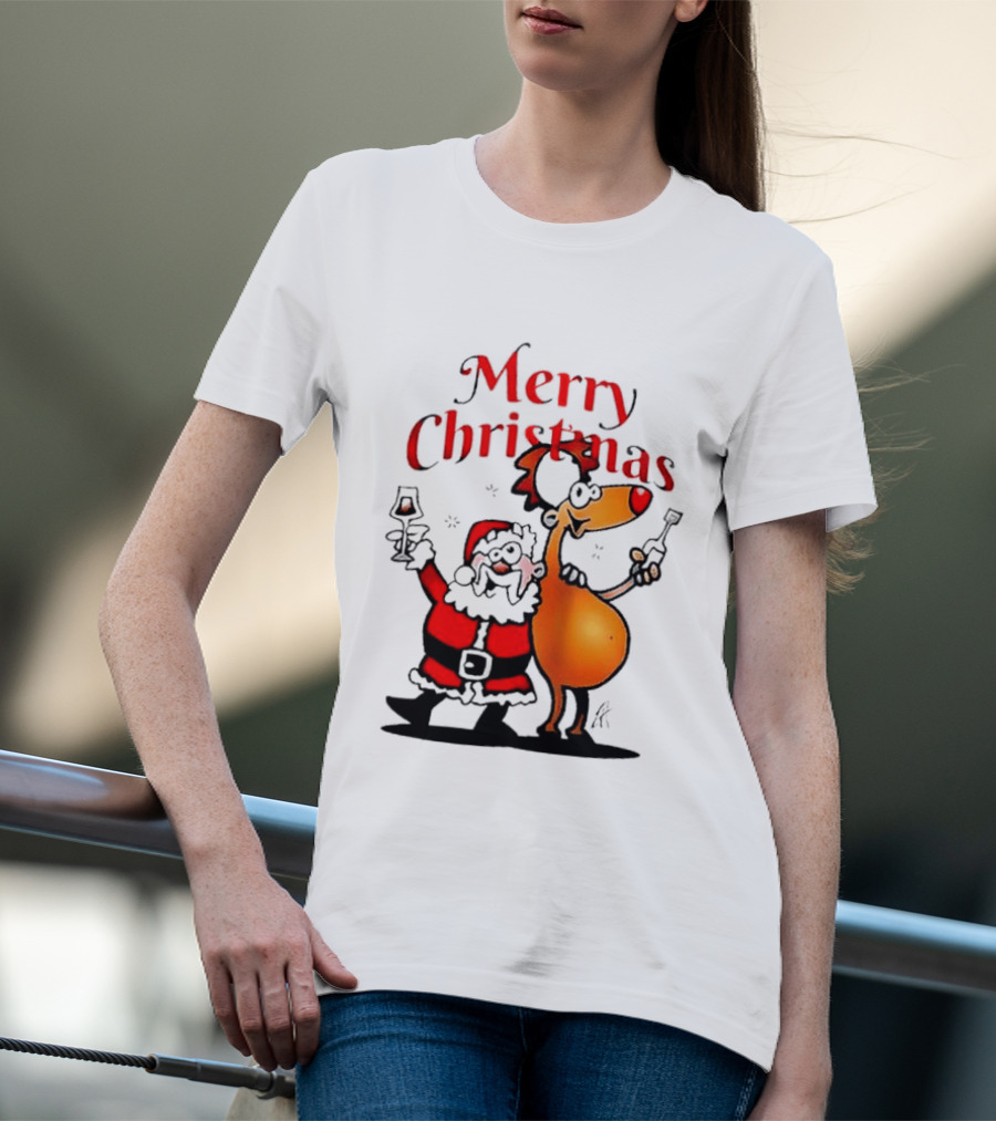 Merry Christmas Santa Claus And Reindeer Toast With Drinks T-Shirt