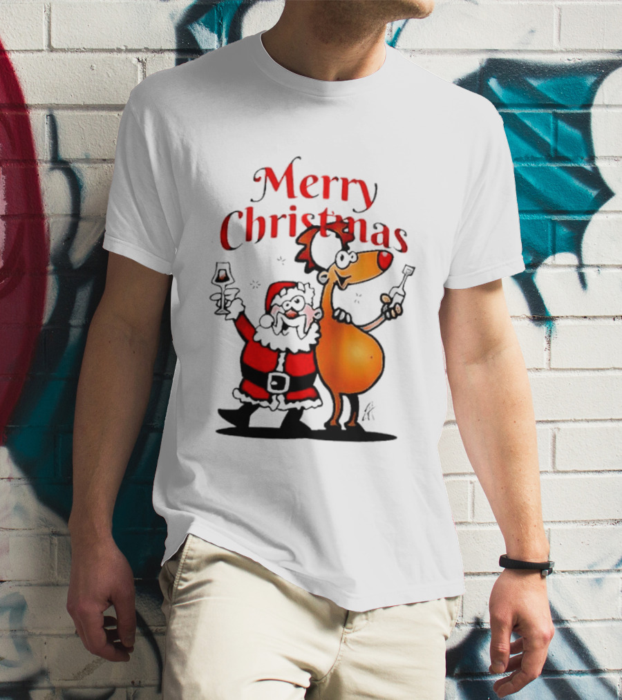 Merry Christmas Santa Claus And Reindeer Toast With Drinks T-Shirt