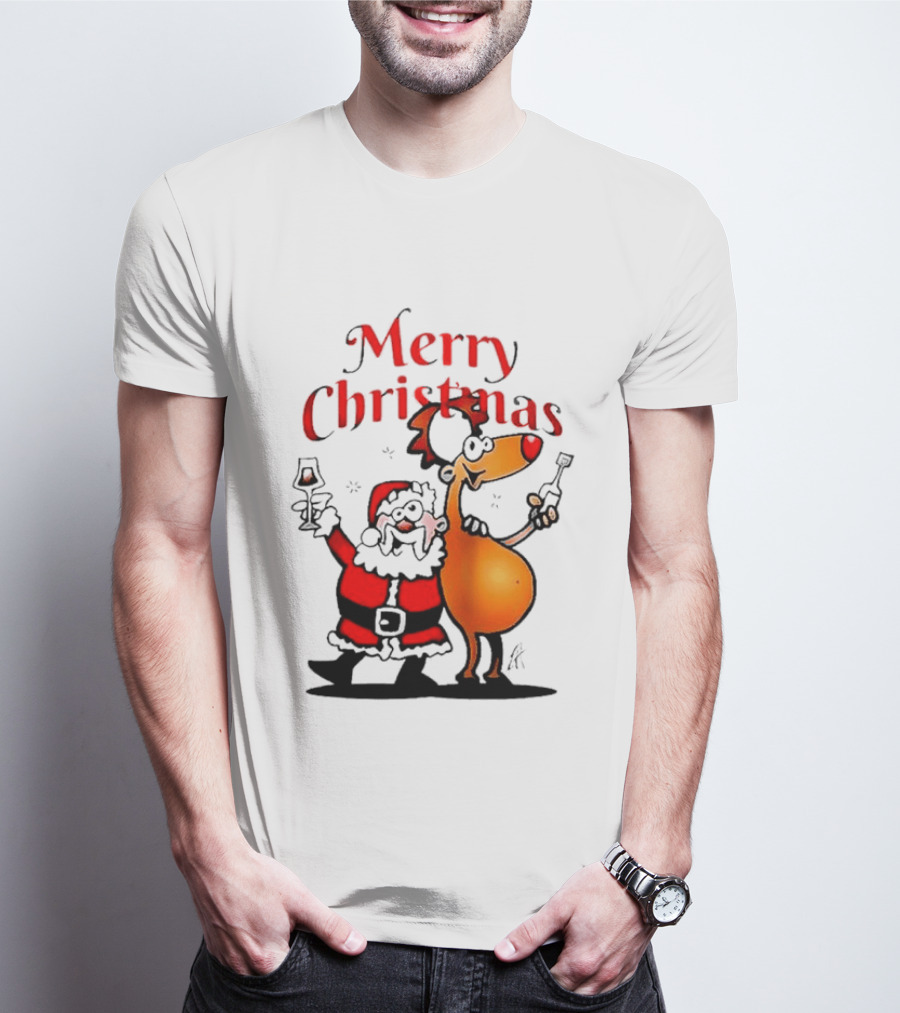 Merry Christmas Santa Claus And Reindeer Toast With Drinks T-Shirt