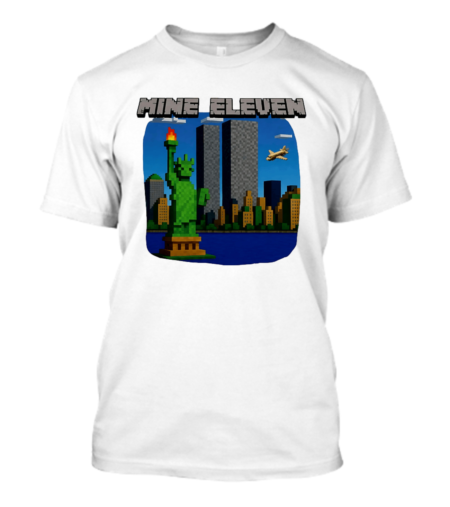 Mine Eleven Pixel City Statue Vector World Twin Towers Scene T-Shirt