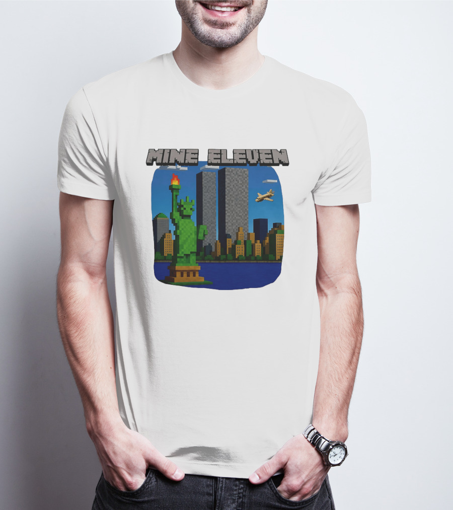 Mine Eleven Pixel City Statue Vector World Twin Towers Scene T-Shirt