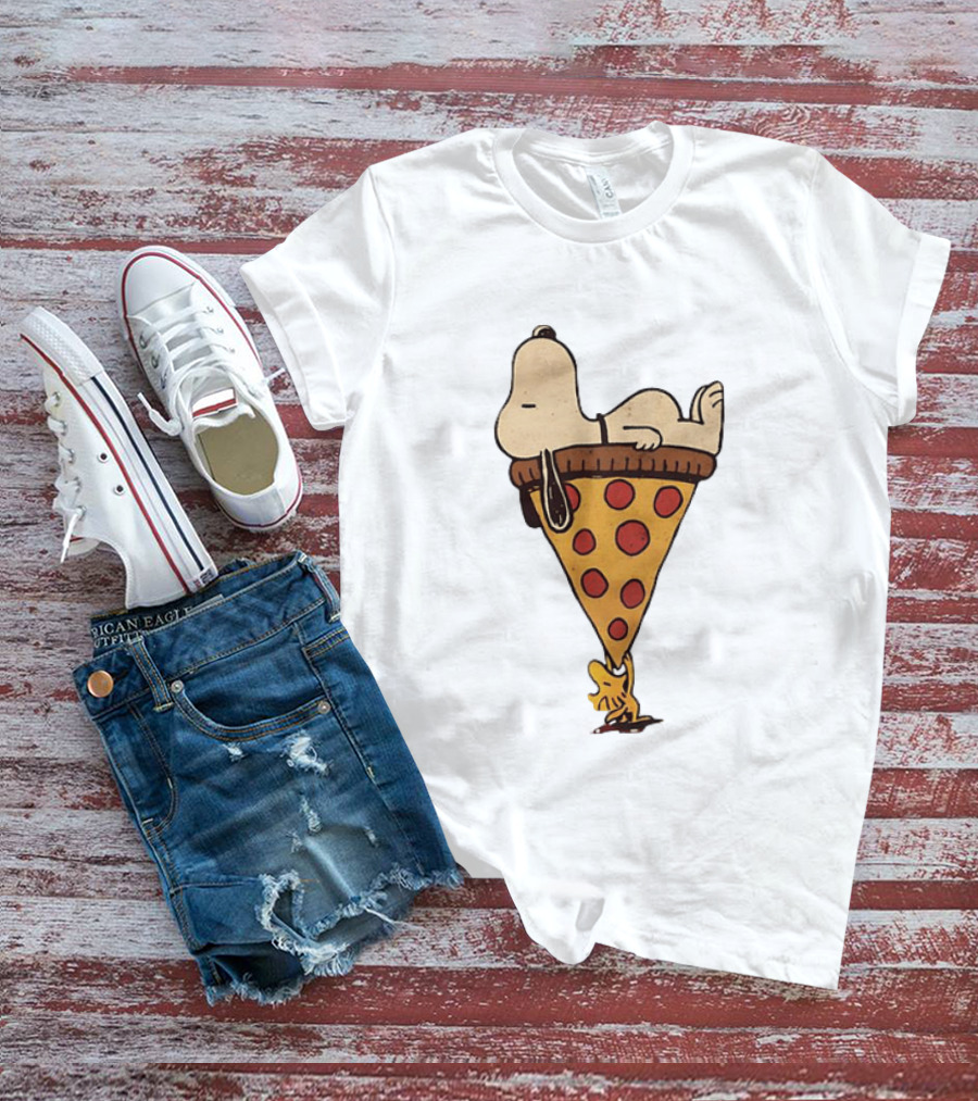 Snoopy Relaxing On Giant Pizza Slice With Woodstock Peanuts Collection T-Shirt