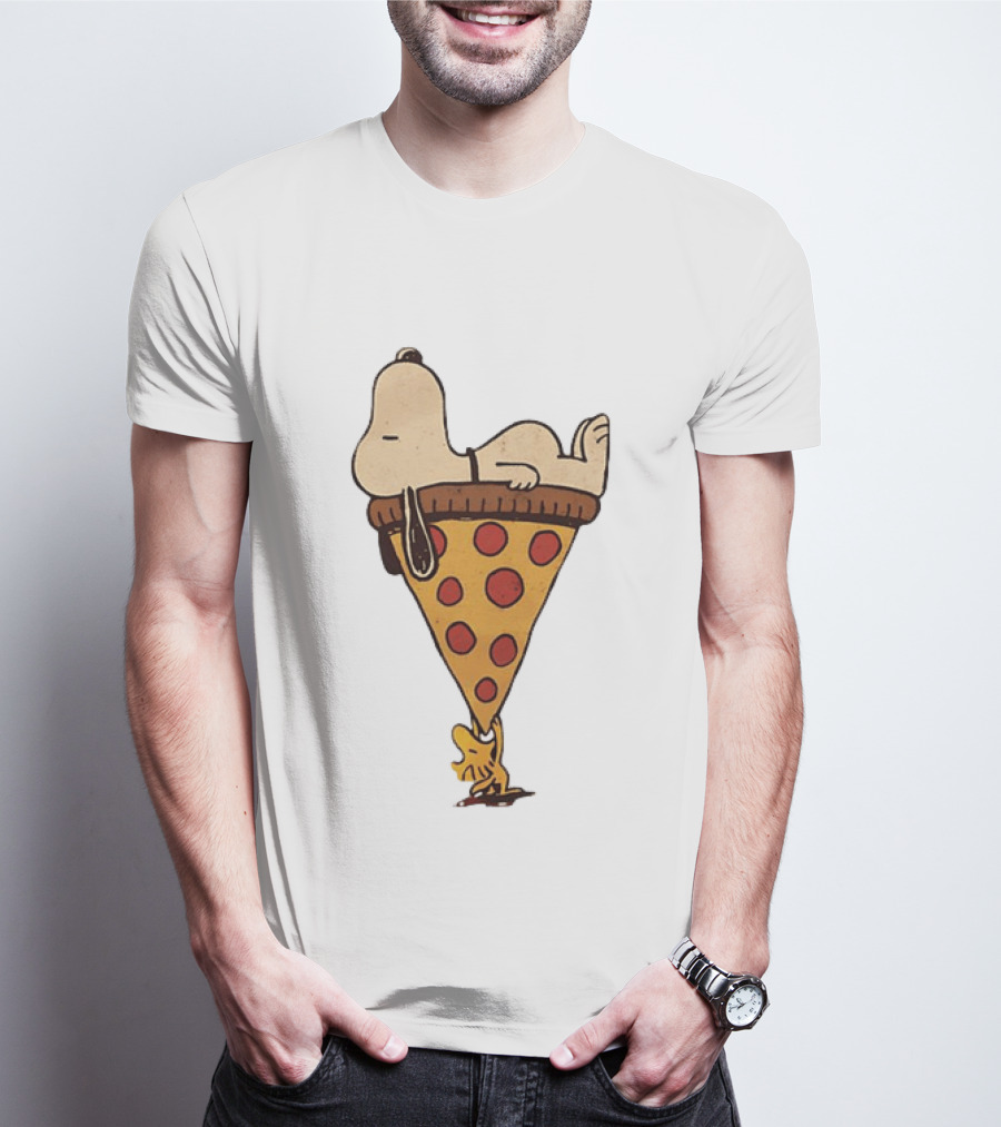 Snoopy Relaxing On Giant Pizza Slice With Woodstock Peanuts Collection T-Shirt