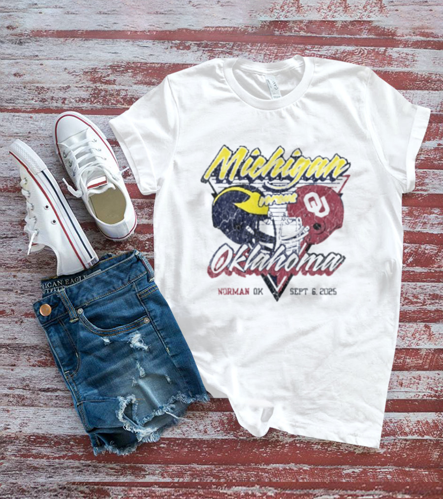 Oklahoma Sooners Vs Michigan Wolverines Football Helmet Norman OK September 6 2025 T-Shirt