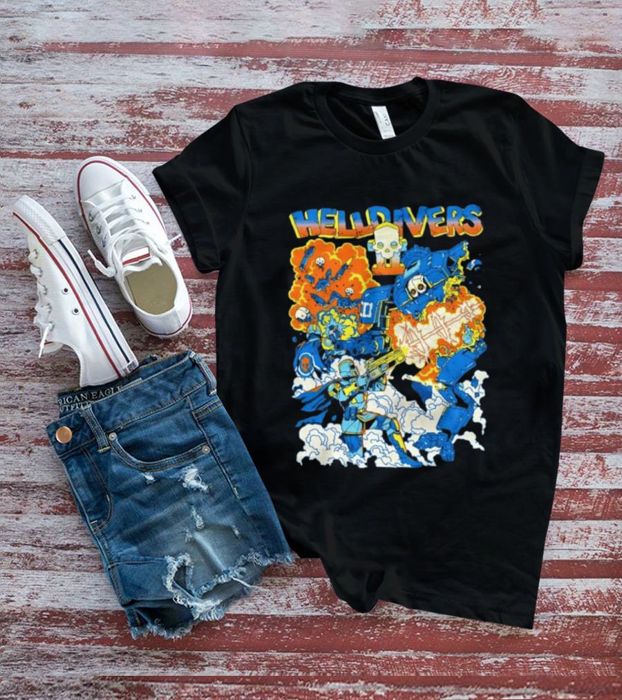 Helldivers Super Earth Soldier Combat Action Explosive Battle Scene T-Shirt