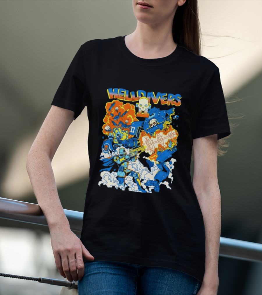 Helldivers Super Earth Soldier Combat Action Explosive Battle Scene T-Shirt