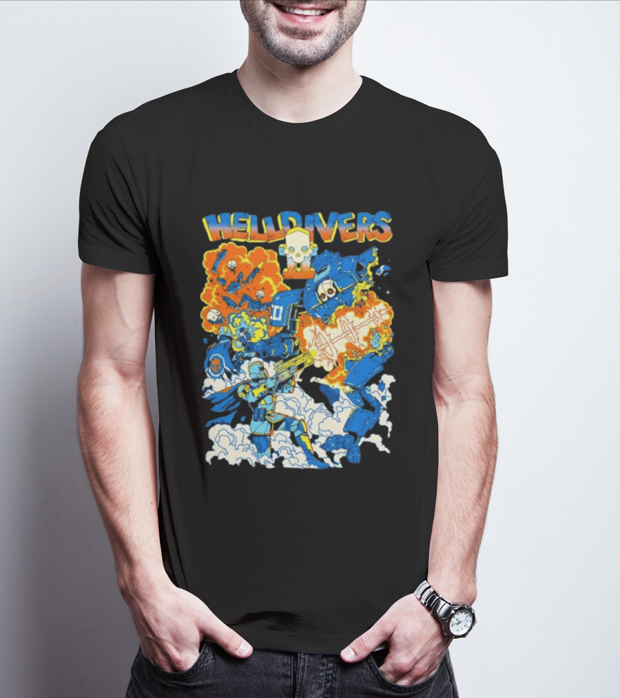 Helldivers Super Earth Soldier Combat Action Explosive Battle Scene T-Shirt