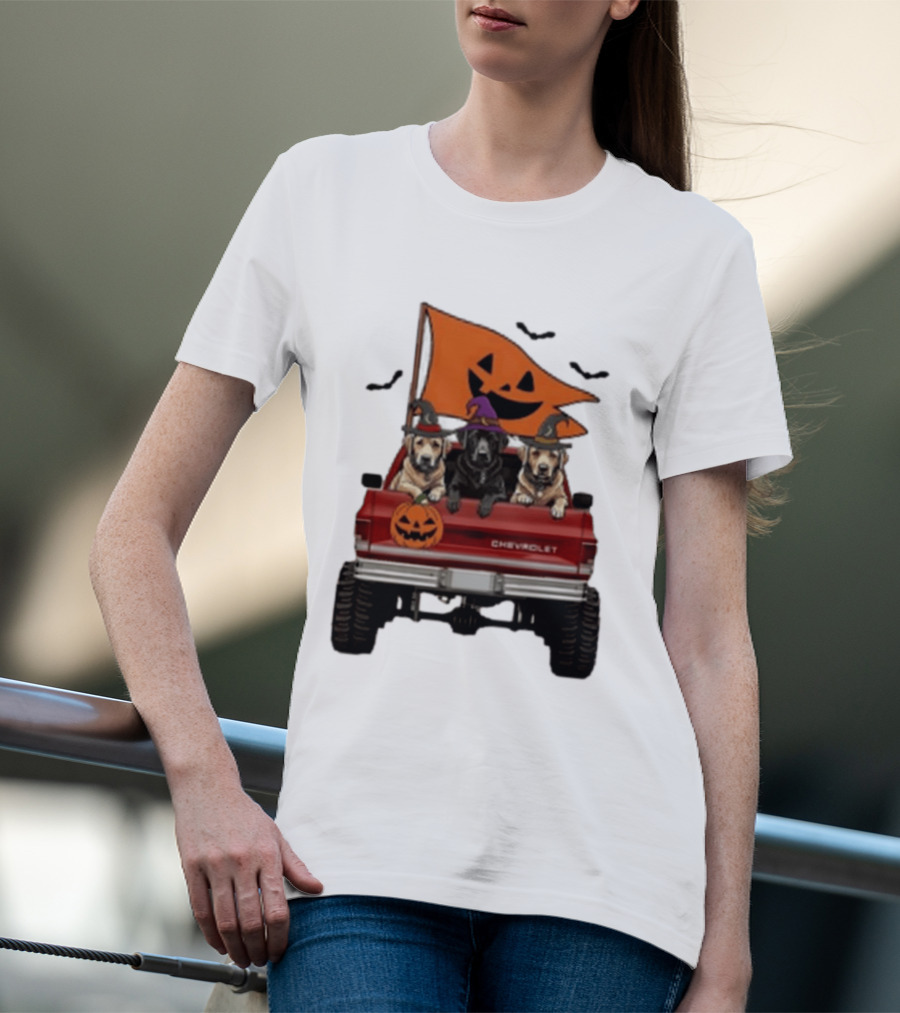 Chevrolet Halloween Dogs In Truck With Pumpkin And Bats T-Shirt