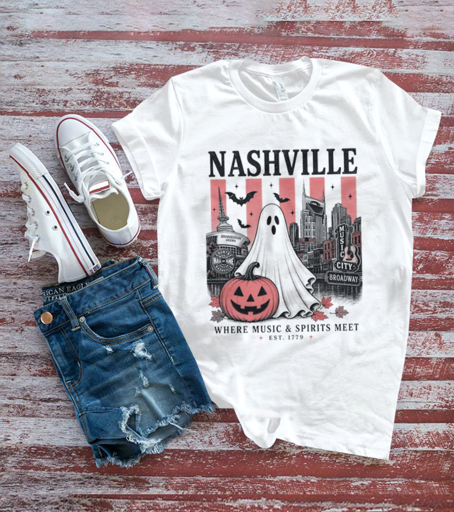Nashville Halloween Ghost Music Spirits Skyline Pumpkin Bats T-Shirt