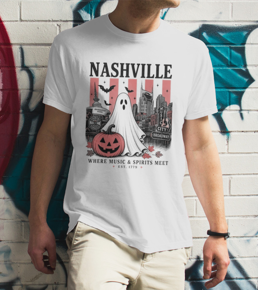 Nashville Halloween Ghost Music Spirits Skyline Pumpkin Bats T-Shirt