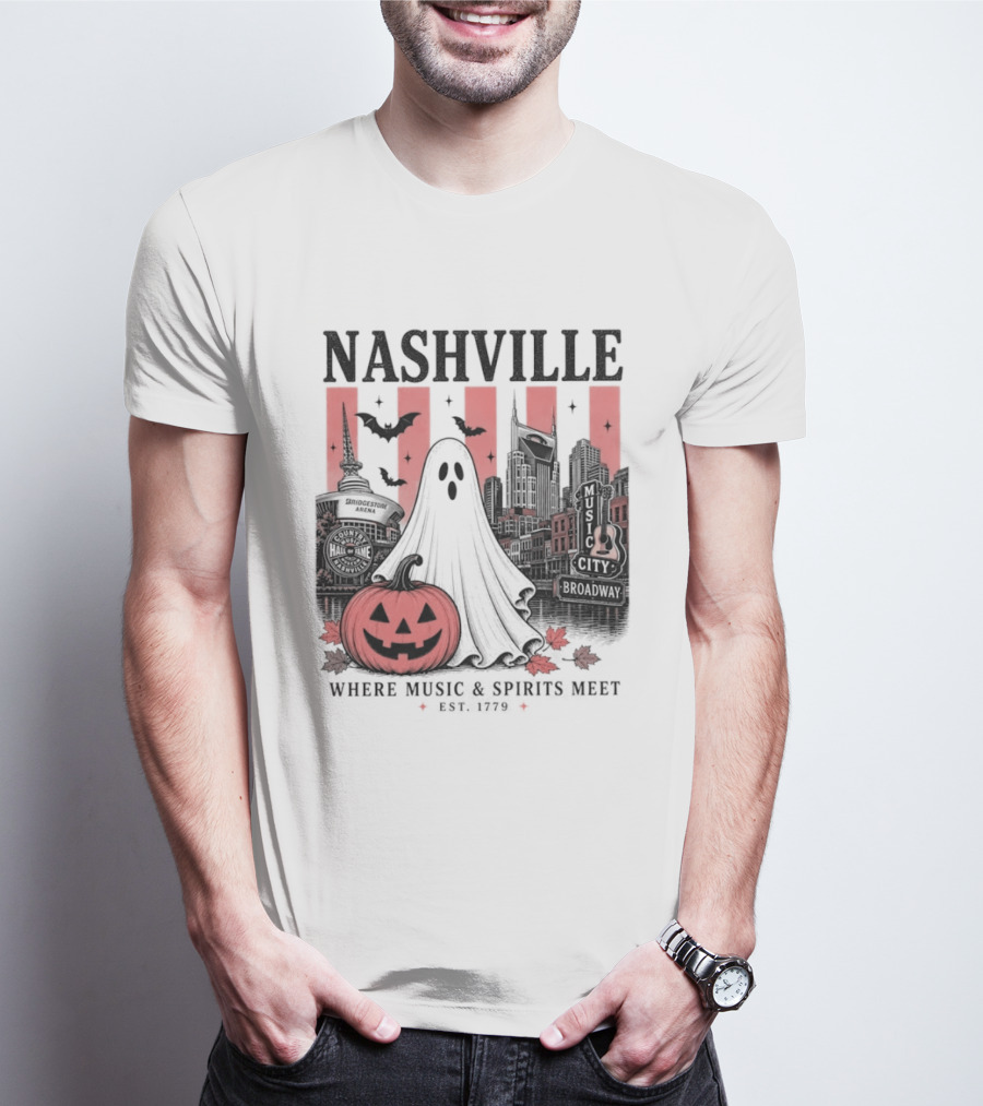Nashville Halloween Ghost Music Spirits Skyline Pumpkin Bats T-Shirt