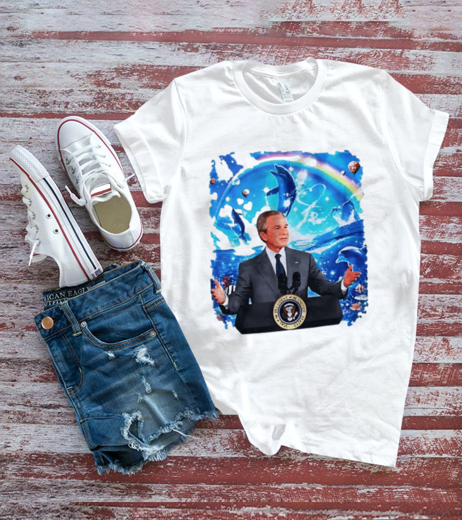 George W Bush Dolphins Coexist Peacefully With Rainbow And Ocean Scene T-Shirt