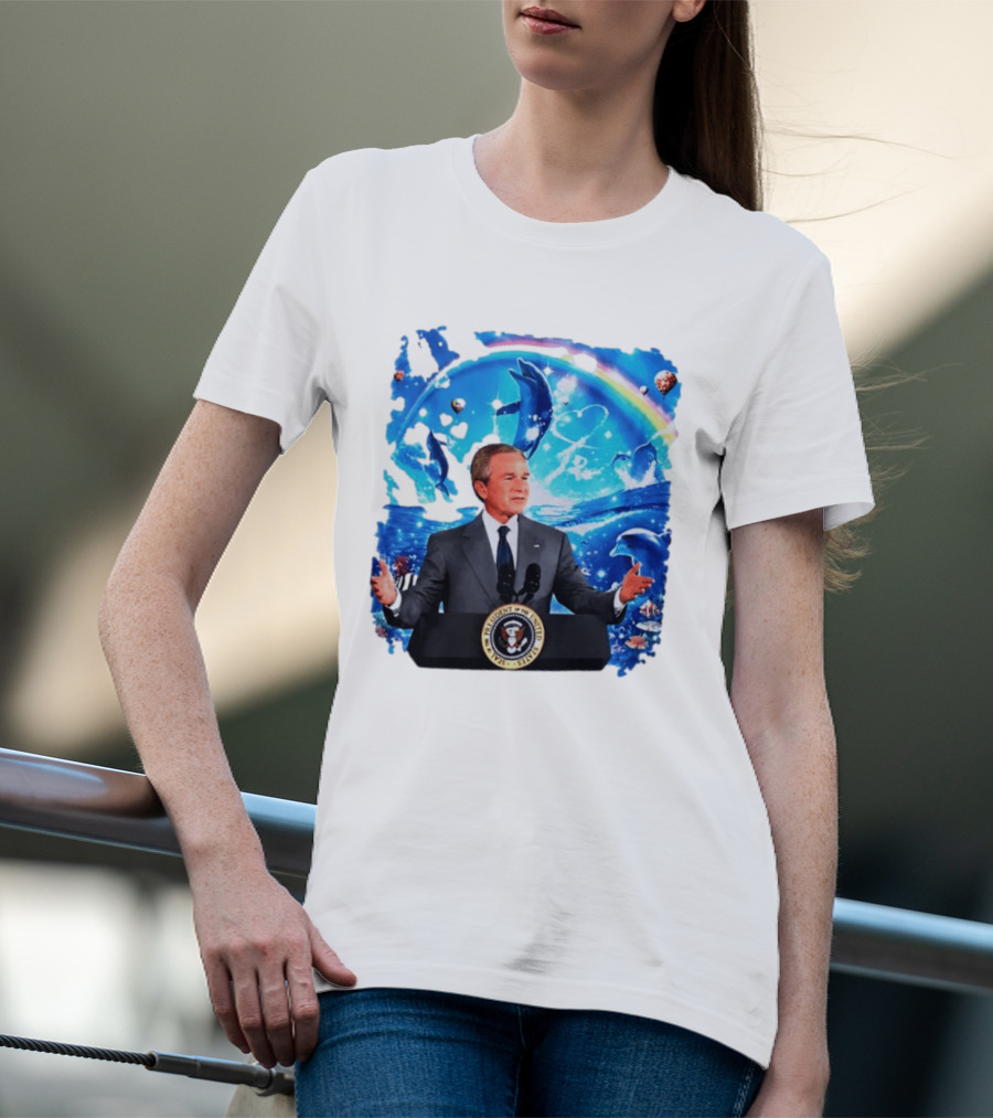 George W Bush Dolphins Coexist Peacefully With Rainbow And Ocean Scene T-Shirt