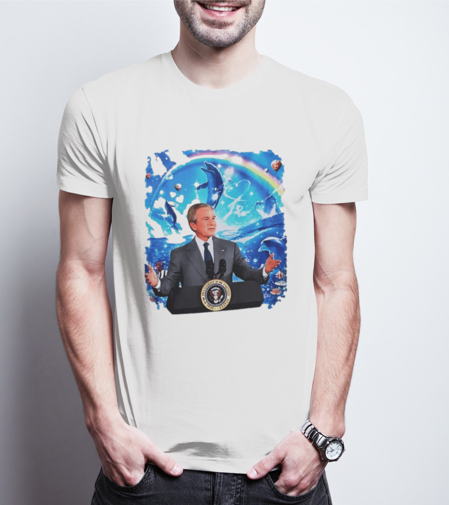 George W Bush Dolphins Coexist Peacefully With Rainbow And Ocean Scene T-Shirt