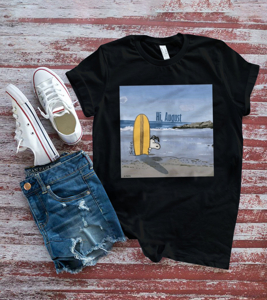 Snoopy Hi August Surfboard Beach Scene By Schulz T-Shirt