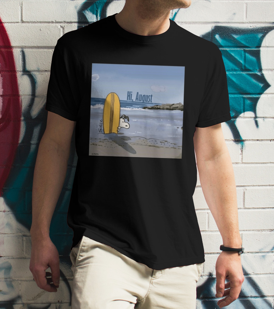 Snoopy Hi August Surfboard Beach Scene By Schulz T-Shirt