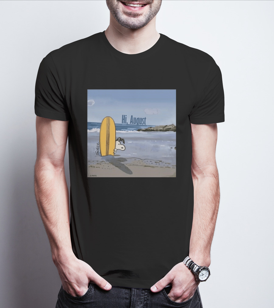 Snoopy Hi August Surfboard Beach Scene By Schulz T-Shirt