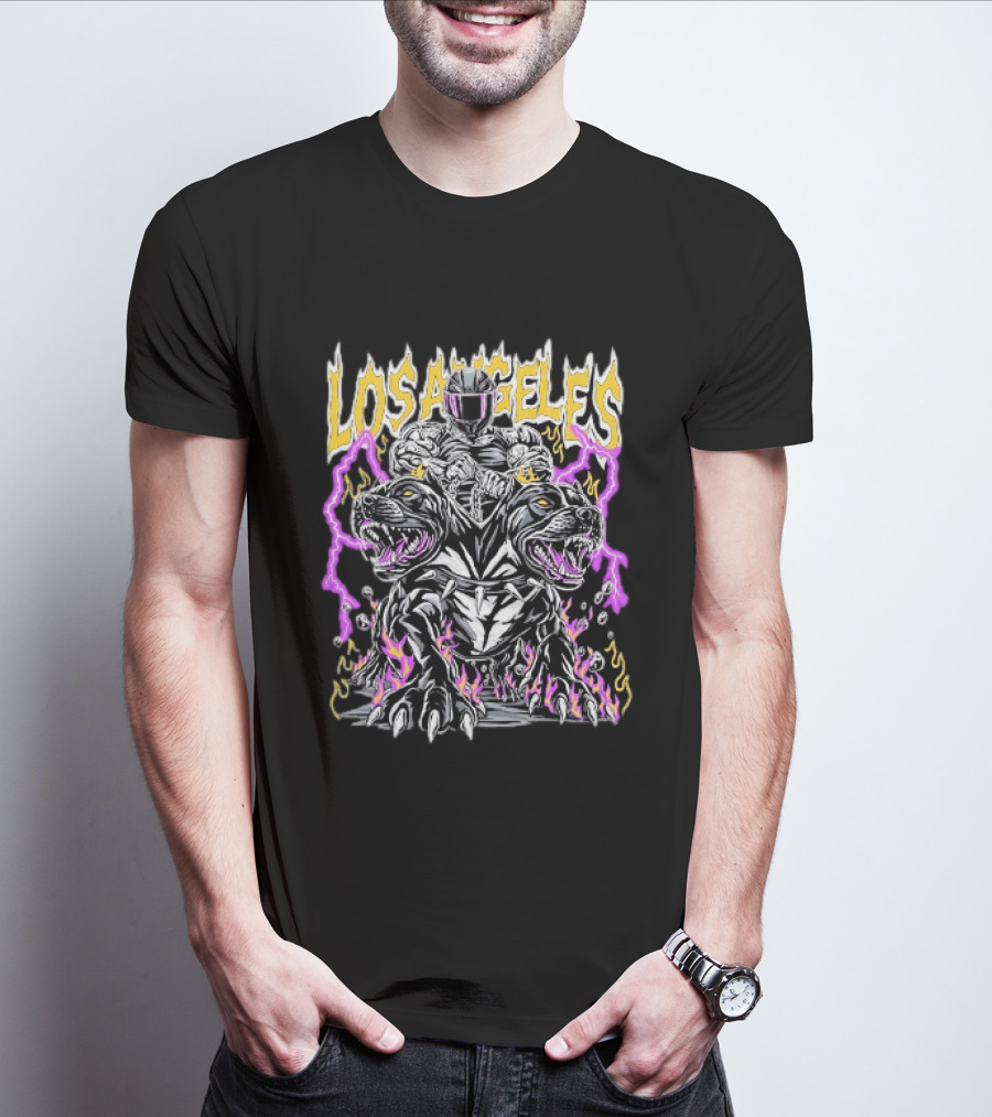 Los Angeles Rider With Two Headed Pitbull And Flames T-Shirt
