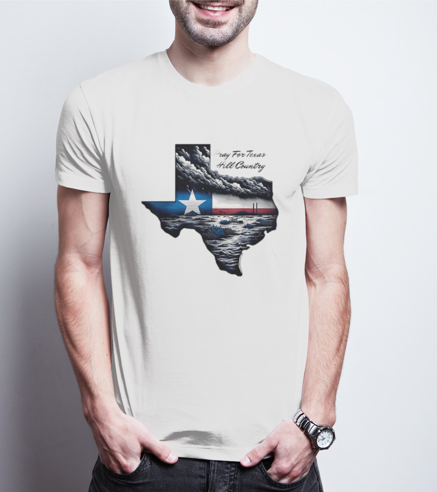 Pray For Texas Hill Country Map Texas Flag Storm Clouds T-Shirt